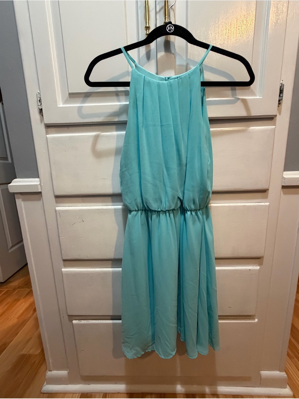 Ladies Short Aqua Flowy  halter Dress Spaghetti Straps M Polyester